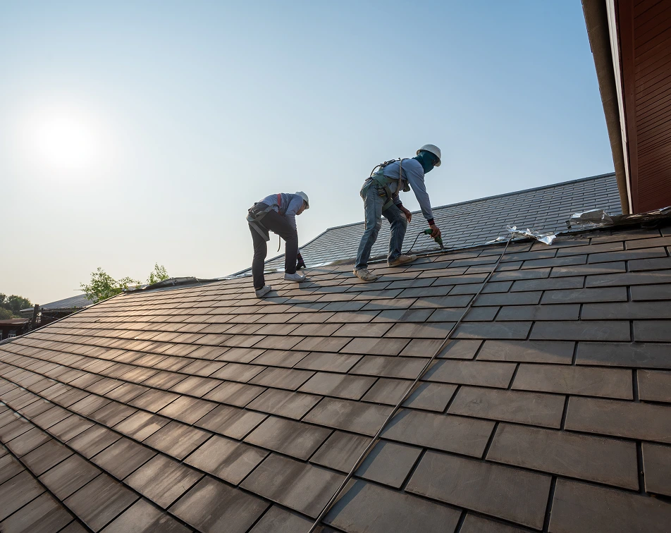 roofer-working-special-protective-work-wear-gloves-using-air-pneumatic-nail-gun-repair-replace-roofing-tiles-top-new-roof-construction-residential-building roofer working special protective work wear gloves using air pneumatic nail gun repair replace roofing tiles top new roof construction residential building
